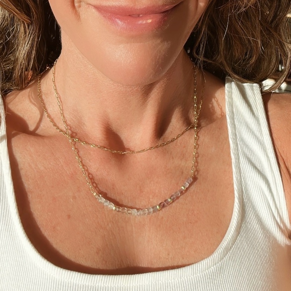 Pastel Gemstone Beaded Necklace Gold Paperclip Chain Waterproof Fluorite Crystal - Picture 5 of 13